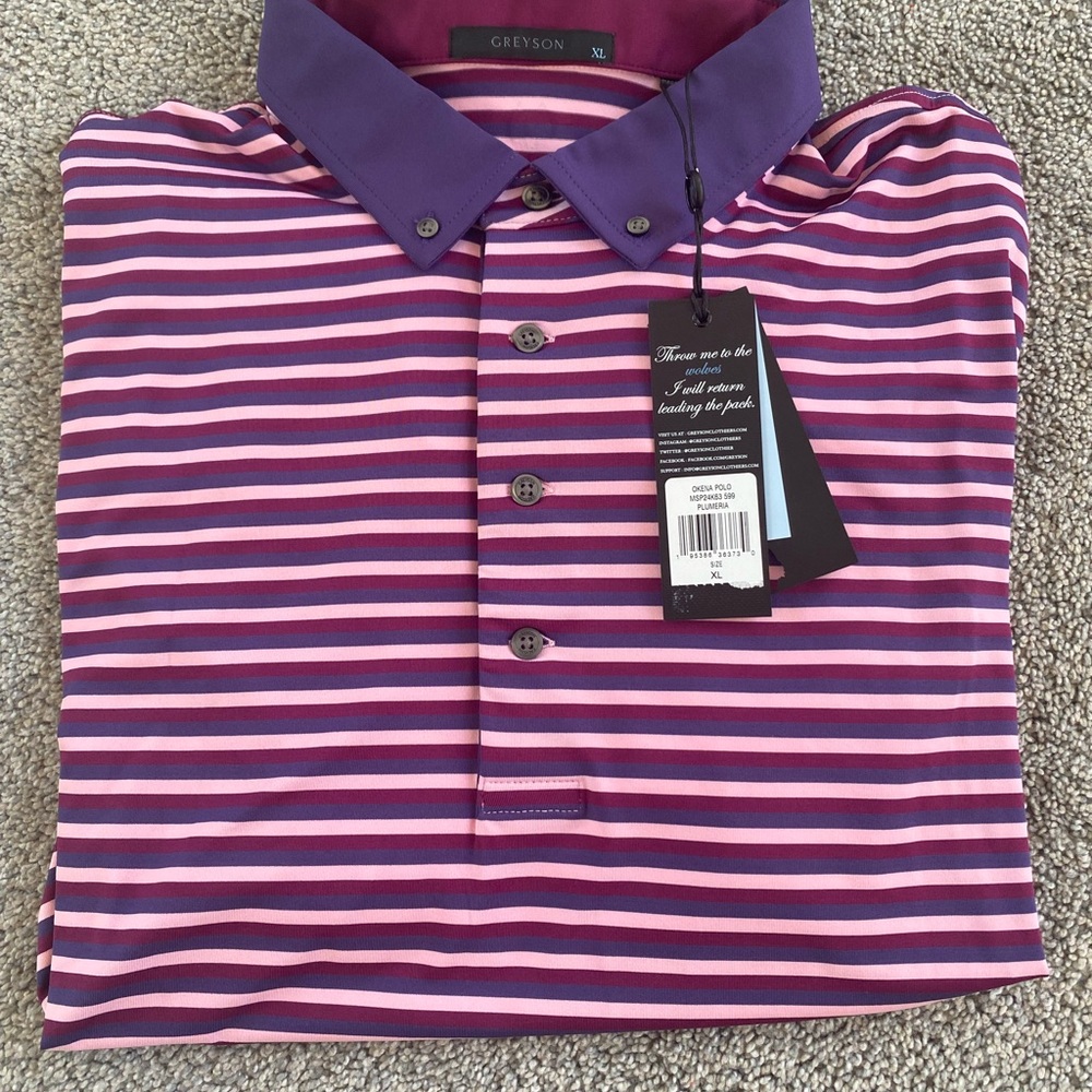 Greyson Men's Polo in Purple with Pink and White Stripes